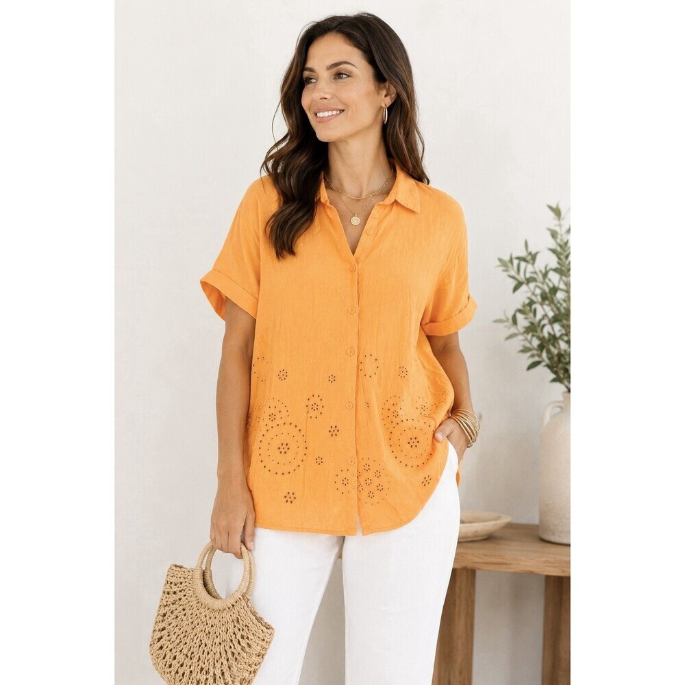 Avenue Linen Blend Eyelet Button Front Shirt Orange Mango Short Cantalope 18/20